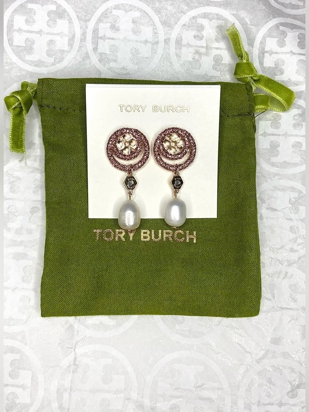 Tory Burch Pink Crystal & Gold Drop Earrings with Pearl Dangles